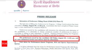 Read more about the article Delhi University UG Admission 2024: CSAS Phase 2 preference filling deadline extended till Aug 9, official notice here