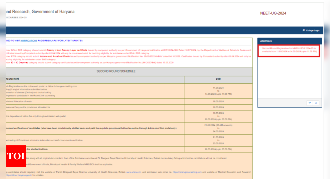 You are currently viewing Haryana NEET UG Counselling 2024 Round 2 registration begins: Check full schedule, direct link here