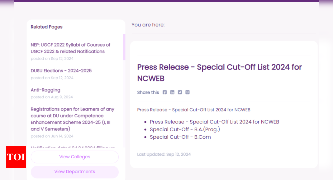 You are currently viewing DU NCWEB Admission 2024 Special cut-off list out: Check direct link to download here