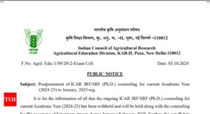 Read more about the article ICAR postpones JRF, SRF counselling for academic year 2024-25 to January 2025: Check official notice here