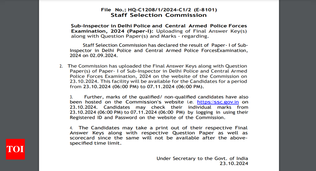 You are currently viewing SSC CAPF 2024 Final answer key, marks announced for Paper I at ssc.gov.in: Here’s the direct link to check