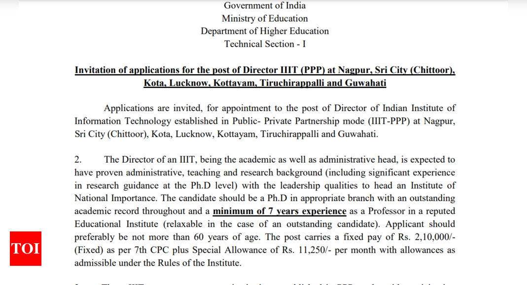 You are currently viewing Ministry of Education notifies IIIT Director recruitment for multiple campuses, offers fixed salary of over ₹2 lakh