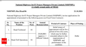 Read more about the article NHAI recruitment 2024: Apply for various posts till November 5, salary up to Rs 29 lakh