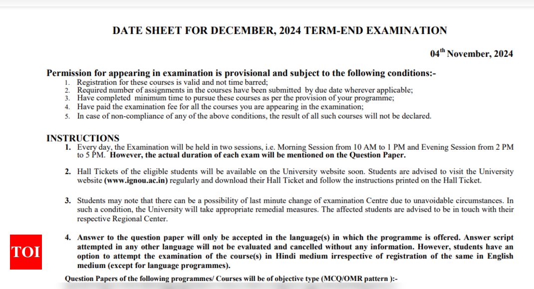 Read more about the article IGNOU Date Sheet for December TEE 2024 Released: Direct Link to Check Time Table Here